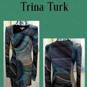 Trina Turk Ruched Bodycon Dress, Abstract Feather Print, Teal,Black,Green,Red-PS